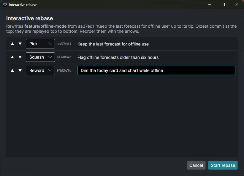 Interactive rebase: pick, squash and reword