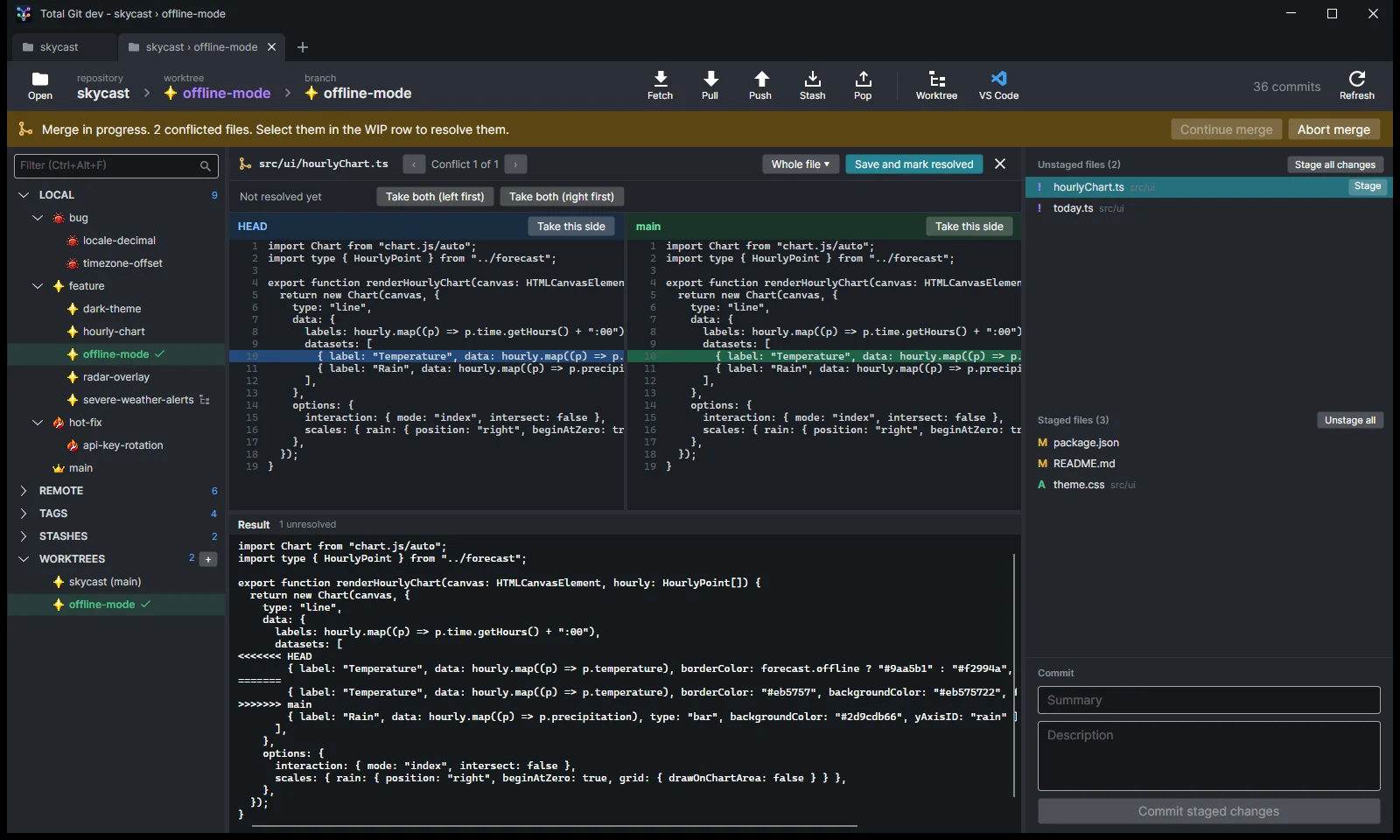 The 3-pane merge tool resolving a conflict