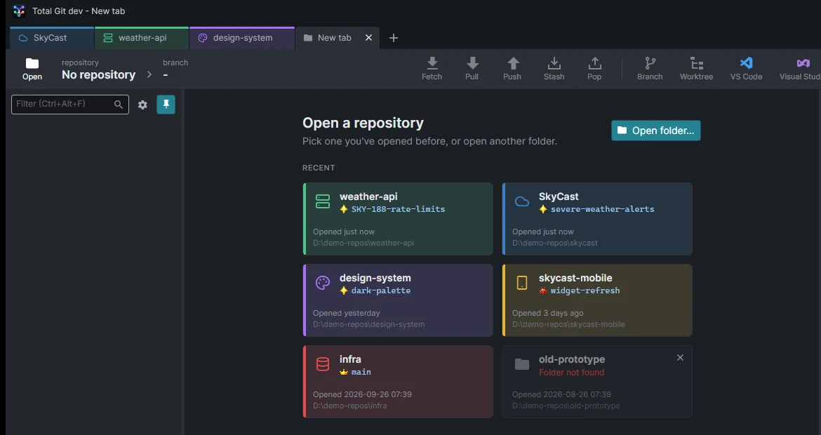 Coloured tabs and tiles of recently opened repositories