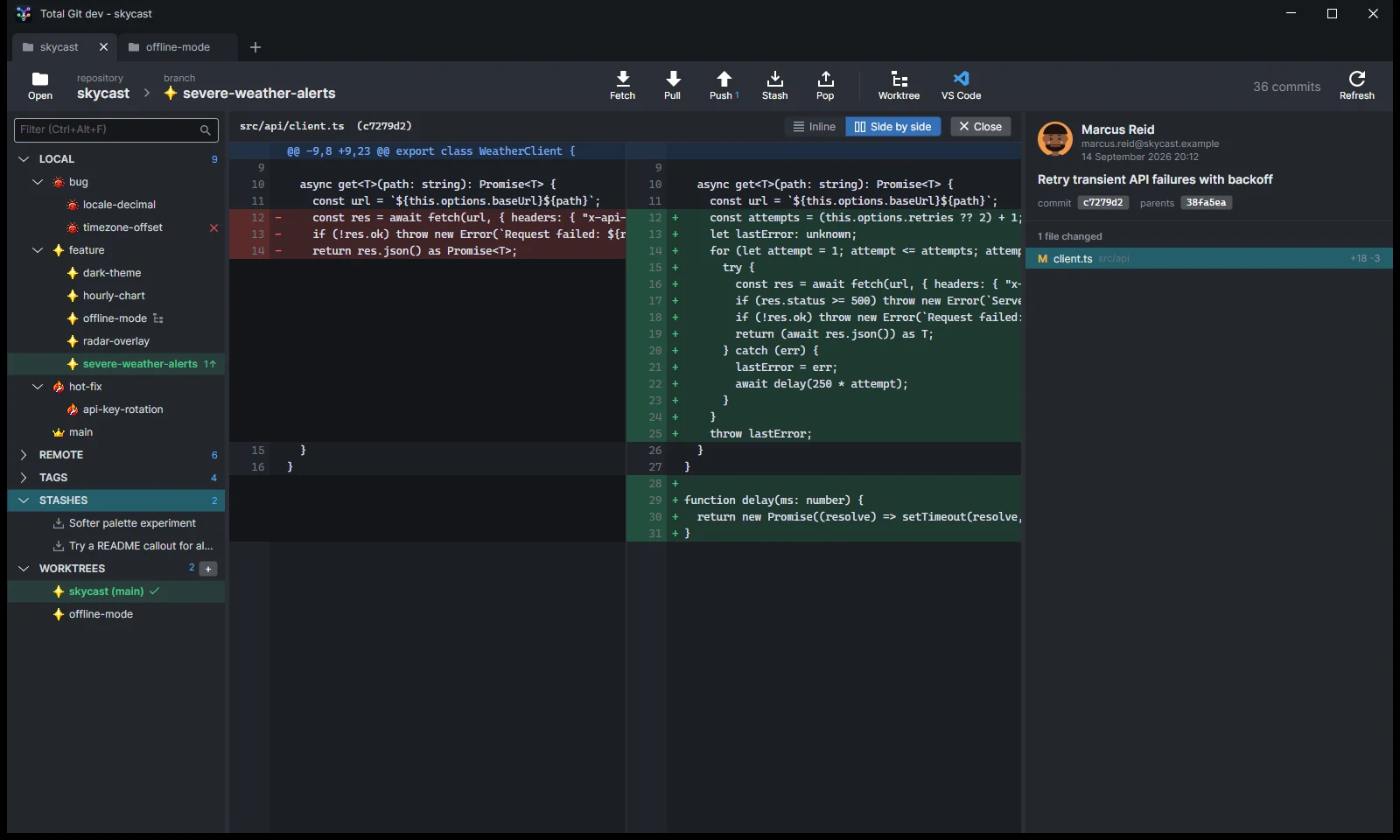 A side-by-side diff of a commit