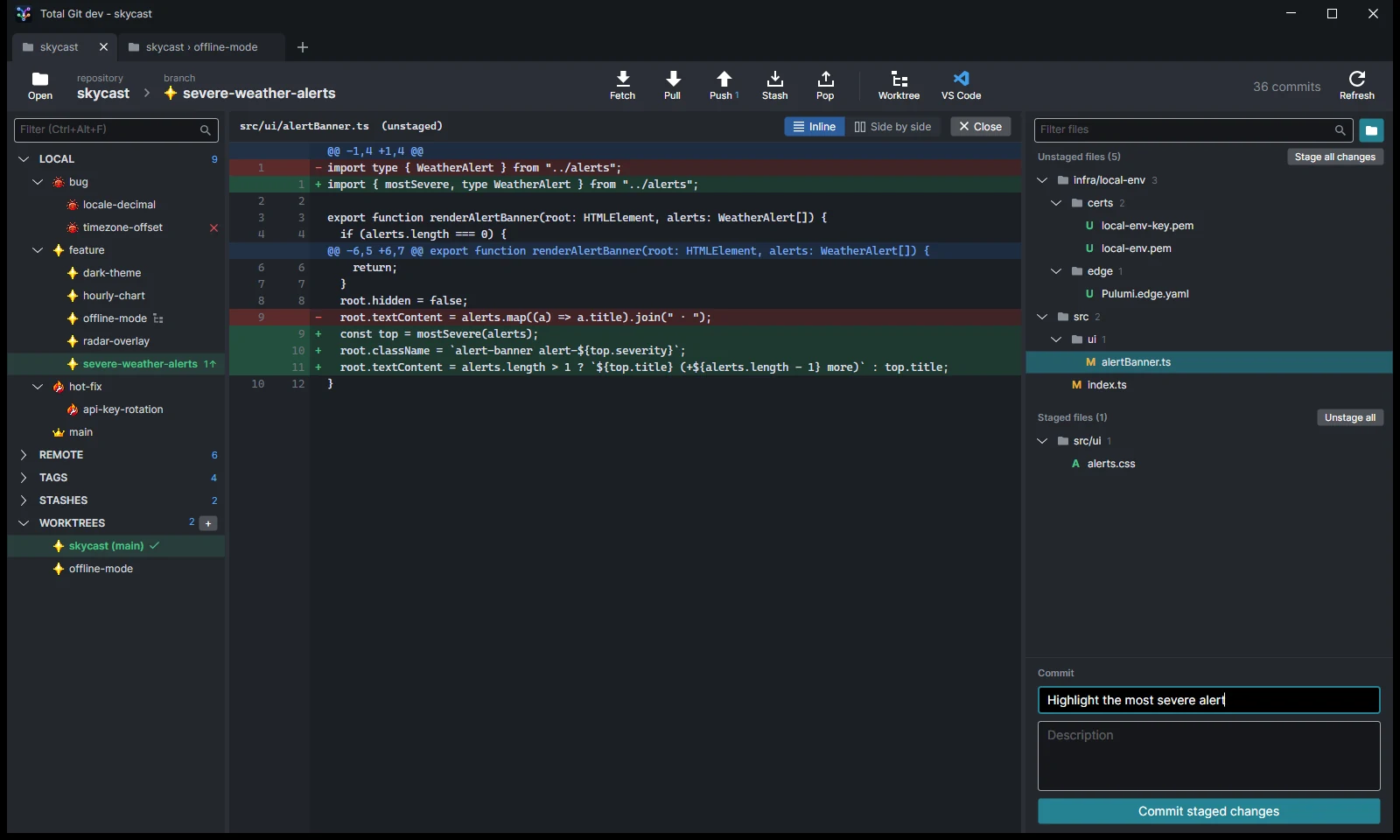 Staging changes with an inline diff